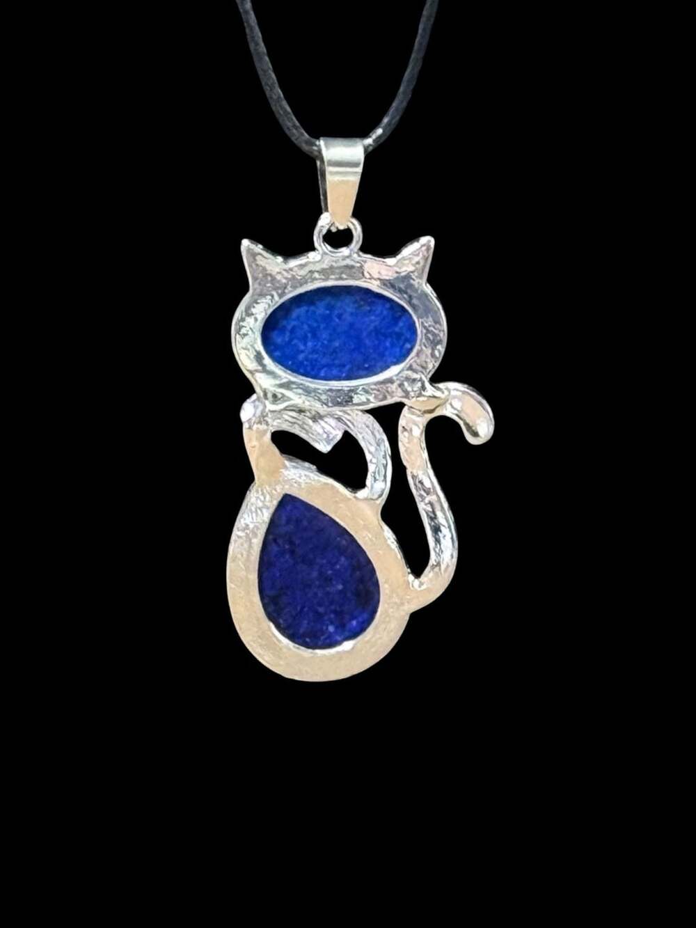 Lapis Lazuli Crystal Cat Pendant Black Cord Necklace - Picture 2 of 3